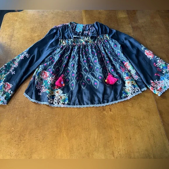 Johnny Was Martel Tassel-Tie Printed Silk Top xs small kimono black colorful - Picture 4 of 10
